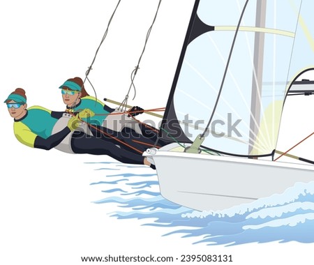 sailing, two female crew leaning out in a dinghy sailboat isolated on a white background