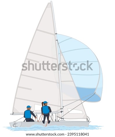 sailing female and male crew leaning out in a dinghy sailboat isolated on a white background