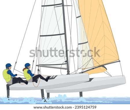 sailing female and male crew leaning out in a multihull catamaran sailboat isolated on a white background