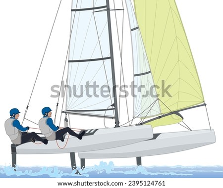 sailing two male crew leaning out in a multihull catamaran sailboat isolated on a white background