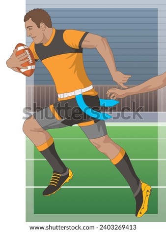 flag football, male player running with the football avoiding flag-pulling by opposition with playing field in the background