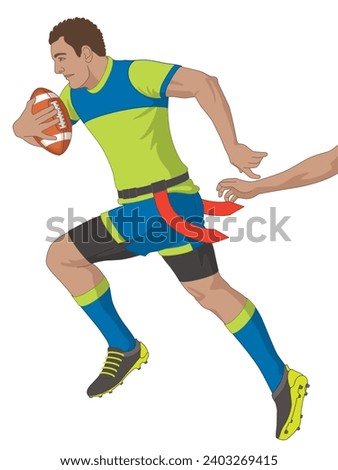 flag football, male player running with the football avoiding flag-pulling by opposition isolated on a white background