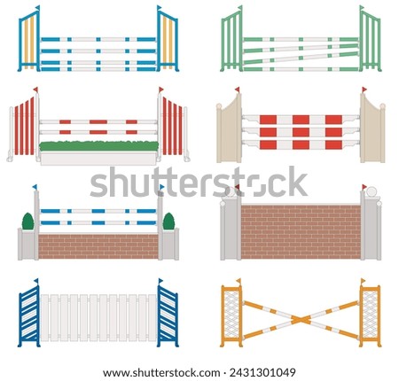 equestrian show jumping obstacles, a set of 8 from rails to walls isolated on white background