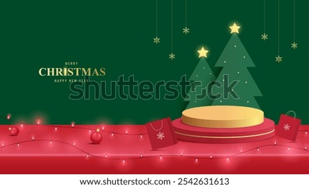 Podium Christmas. Red Podium for product display presentation with christmas tree. Podium platform to show product on red background. Merry Christmas background