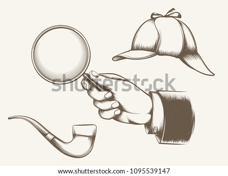 Vintage detective elements. Hand with magnifying glass, smoking pipe and hat inspired by sir Arthur Conan Doyle novels hand drawn vector illustration
