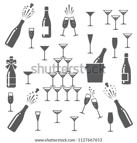 Champagne icons. Cheering opening popping bottles and glasses of champagne, cheers and cheerful signs silhouettes vector illustration
