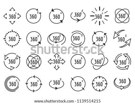 Full rotation icons. Thin line full 3d signs, 360 degree completed panorama icon set