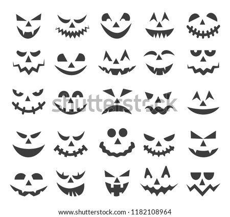 Halloween ghost faces. Scary pumpkin devils smiles, spooky jack o lanter or frightened vampire face set isolated on white background, vector illustration