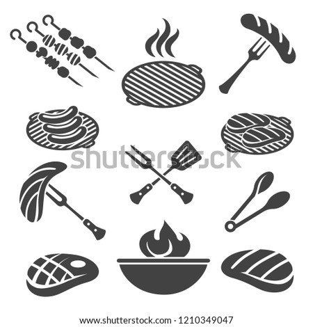 Bbq icons. Barbecue grill icon set with pork steak and chef, sausage fork and tomato sauce, vector illustration