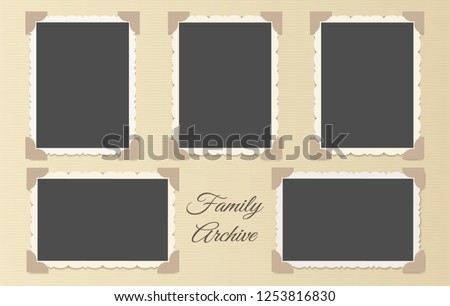 Family photo album collage. Retro photos page template vector illustration, vintage blank photo frames old style layout