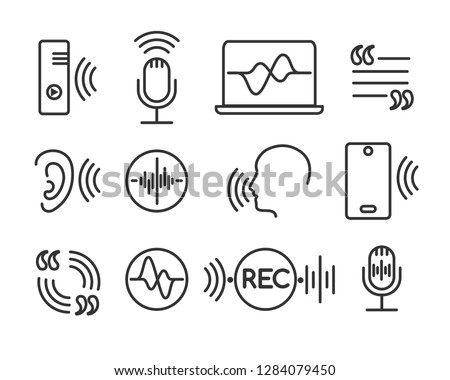 Voice recognition icons. Telephone conversation linear symbols, speech and hearing command pictograms. Sound technology vector signs