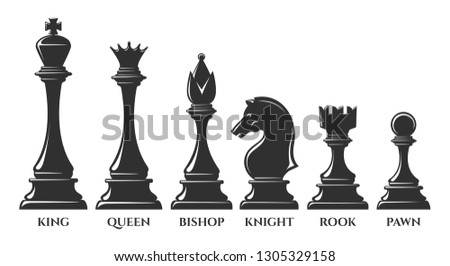 Chess pieces. Vector chess piece, knight and pawn, bishop and queen, success strategy elements isolated on white background, vector illustration