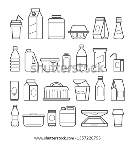 Food package icons. Meal packaging, eating packs, nutrition meat sachet cases and plastic beverage containers, paper pizza boxes, vector ilustration