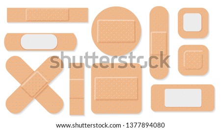 Medical plaster. Medical plasters isolated on white background, wound plasterer or bandaged patch, vector adhesive health care object