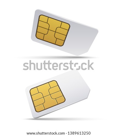Sim card. Isolated isometric simcard vector illustration, empty 3d mobile phone smart gsm microchip, telephone prepaid chip design
