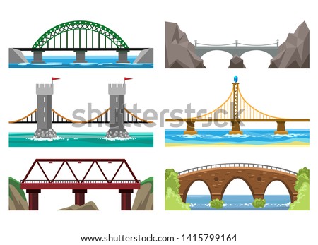 Bridges color illustration. Wooden and metal bridge element with landscaping and rivers, vector icons set