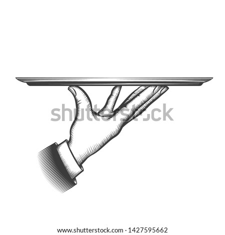 Butler serving tray. Service waiter hand hold dish for food or tray for catering services in sketching style, restaurant butler serve platter isolated vector ストックフォト © 