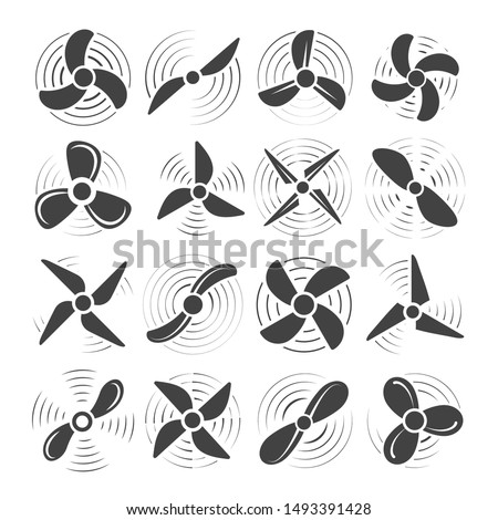Plane propellers. Aircraft propeller icons, circle wind fan rotating prop image, vector old airplane airscrew set isolated on white background