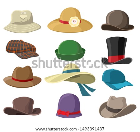 Hats and headwears. Hat images isolated on white background, headgear vector illustrations for man and woman, cap headgears for ladies and gentlemen