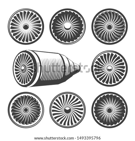 Fan engines. Vector airplane turbine icons and turbo fans illustration, enginering power propeller symbols