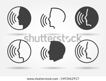 Speaking icons. Talk or talking person sign, man with open mouth, speech icon for interview, interact and talks controls, vector illustration