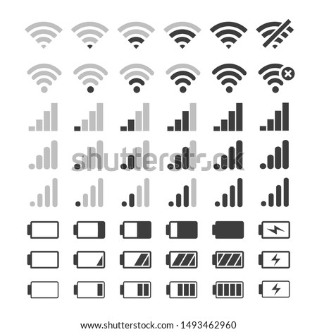 Phone signal and battery icons. Vector mobile interface top bar icon set for network signals and telephone charge levels status