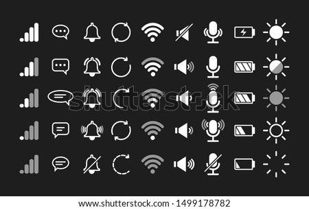Mobile phone interface vector icons. Phone sound and silent, signal and security, charge and wifi icon for display, bell shake battery and connected smartphone indicators