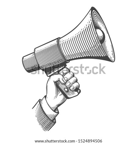 Megaphone engraving. Propaganda retro concept, vintage announcements sketch, screaming bullhorn advertising, sound amplifier in hand hand drawn image