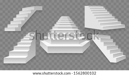 Architectural white staircases. Stairs images isolated on transparent background, abstract modern stairway designs for creative concepts, simple exterior rising ladders with shadow
