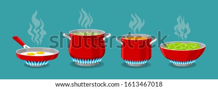 Cooking pot and pan on gas stove. Boiled water in pots, pasta in saucepan and scrambled eggs in dripping pan, vector illustration for kitchen cook Stock foto © 