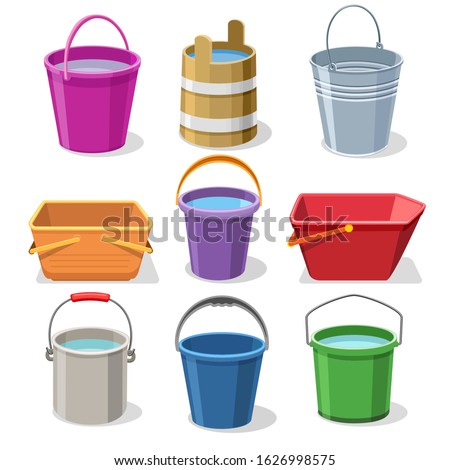 Buckets and pails. Steel and plastic bucket set for gardening, pail for kids, metal container for water and handles trash bin vector illustration