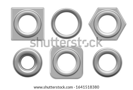 Eyelets and grommets. Circular and square metal eyelet set vector illustration for tag design and fashion denim holes rivets isolated on white background