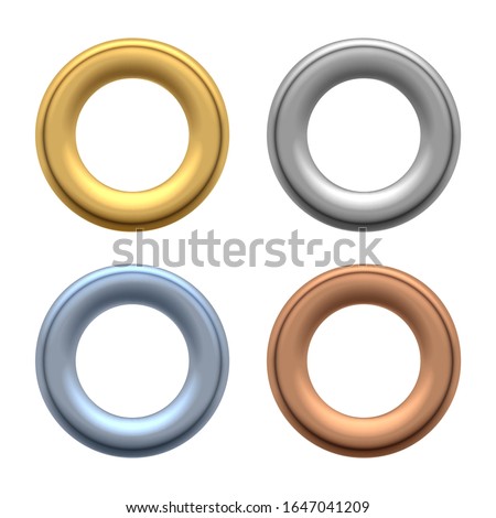 Round grommets. Rounded metallic eyelets for holes in labels and fabric, metalic clothes grommet components for jeans, silver shackle set vector illustration