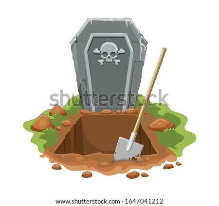 Cemetery digged grave hole. Vector burial graves ground with gravestone with skull and gravedigger shovel, headstone monument and digging dirt vector illustration