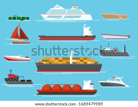 Vessel set. Traveling shipping vessels and transport like cargo ships, sailboat, fishing boats, cruiser and yacht or speedboats vector set