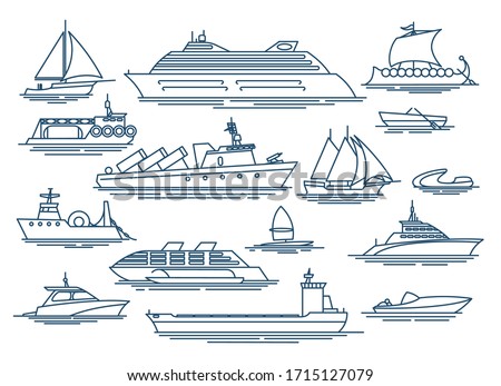 Vessel linear icons. Outline boat and sea ship for vacation traveling or service shipping marine logistic symbols vector set
