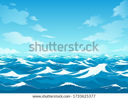 Ocean surface. Sea vector illustration with water waves, blue sky and white clouds graphics, cartoon seascape or waterscape
