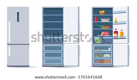 Flat refrigerators. Steel home fridges with open and close door, empty refrigerator and with filled in products, vector illustration of meats, vegetables in electronic object