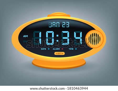 Digital alarm clock. Electronic display with numbers, digitized time on retro object, alarm with countdown to morning, vector illustration of flat electronic watch