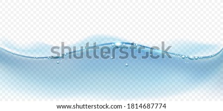 Transparent water surface. Underwater macro liquid vector background, waters bubbly flow abstract ocean blue backdrop, clean sea horizon illustration