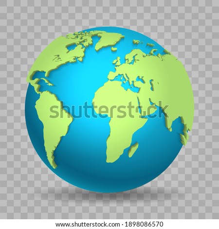 World view 3d. Vector globe map design isolated on transparent background, asia africa america and europe planet with shadow, travel earth for concepts and infographics