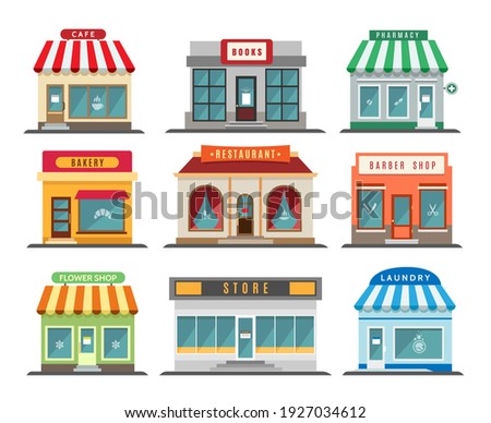 Shops stores exteriors. Laundry and restaurant, pharmacy and bistro cafe, store and shop retail street business buildings fronts isolated on white background