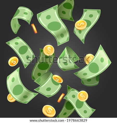 Dollar falling rain. Floating money wallpaper, flying cash shower vector illustration, bills and coins raining cartoon background