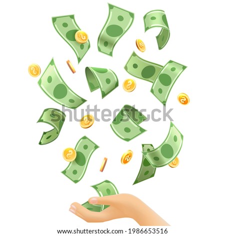 Money falling to hands. Cartoon dollars fall from sky, catch blessing, currency financing for business vector illustration on white background