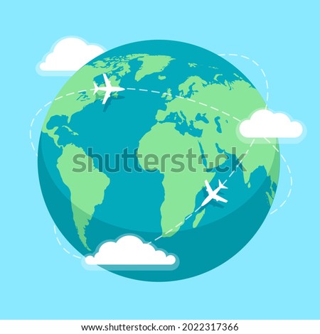 World round flights. Earth around aeroplane travel flight vector illustration, business plane globe trip, planet air tourism fly map