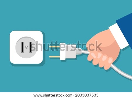 Hands electric plug. Flat hand holds electricial outlet unplug switch, electrical power plug off, electricity connector disconnect, unplugging cable adapter, energy jack unplugged Foto stock © 