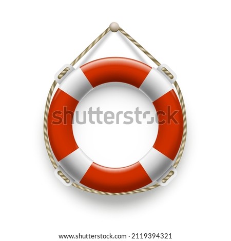 Realistic lifebuoy on rope. Red white cruise lifesaver ropes hanging, rescue insurance 3d symbol, ship marine safety security lifeguard circle, sea nautical lifesaving ring