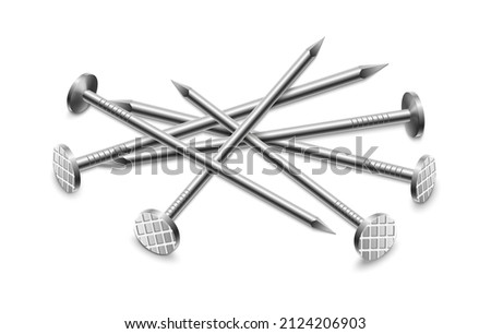 Steel nails. Hammering nail pile vector illustration, heap of fixing construction iron pins, close-up metallic spikes, hobnail stack instrument tools isolated on white background