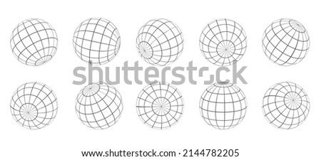Globe grids. Gridded globes isolated, wire spheres for geographic longitude and latitude coordinates, parallels meridians 3d sphere earth shaping, outline grid circle wireframe