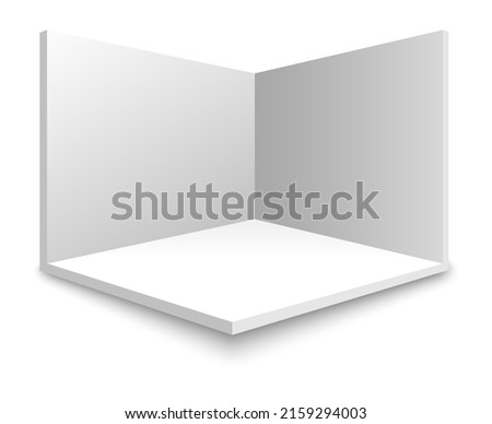 Booth 3d corner. Exhibition jail box, empty interior nook, blank small room inside stand, floor walls cube event area, perspective square flooring construction vector illustration